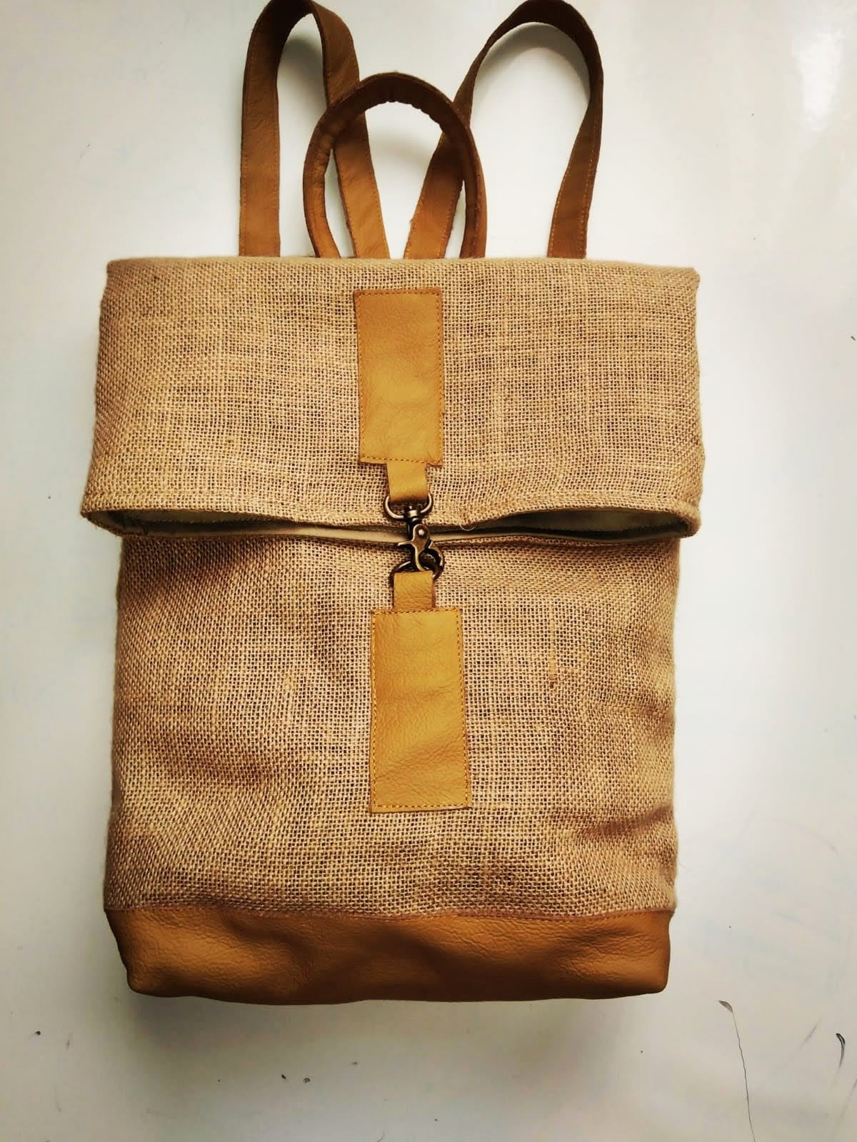 Jabu Jute & Leather Backpack in Beige