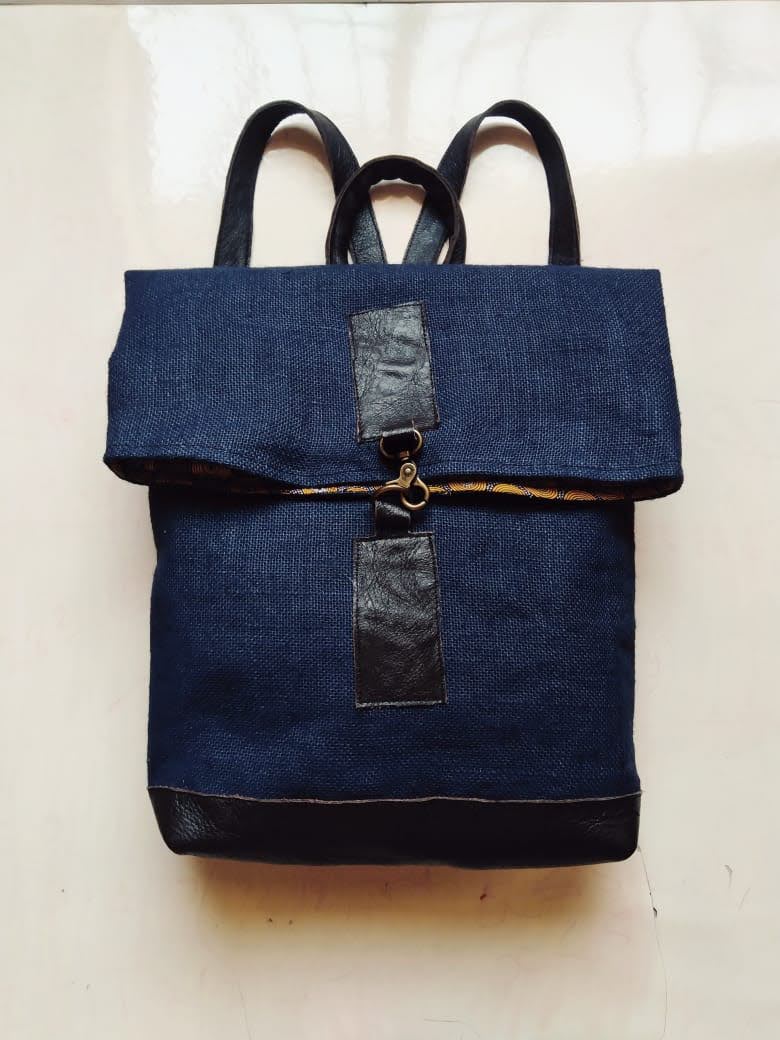 Jabu Jute & Leather Backpack in Navy