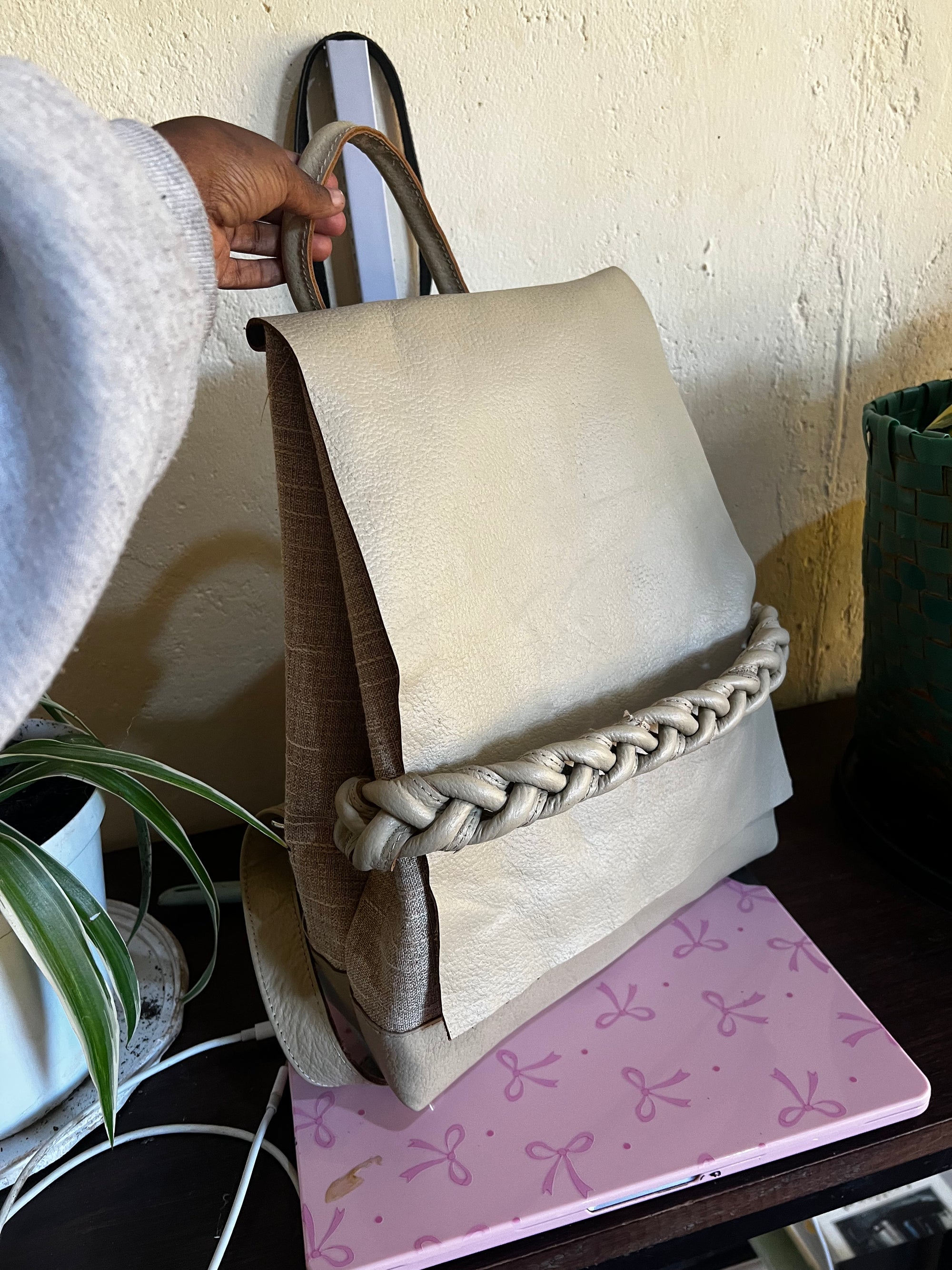 Onele Leather Backpack in Beige