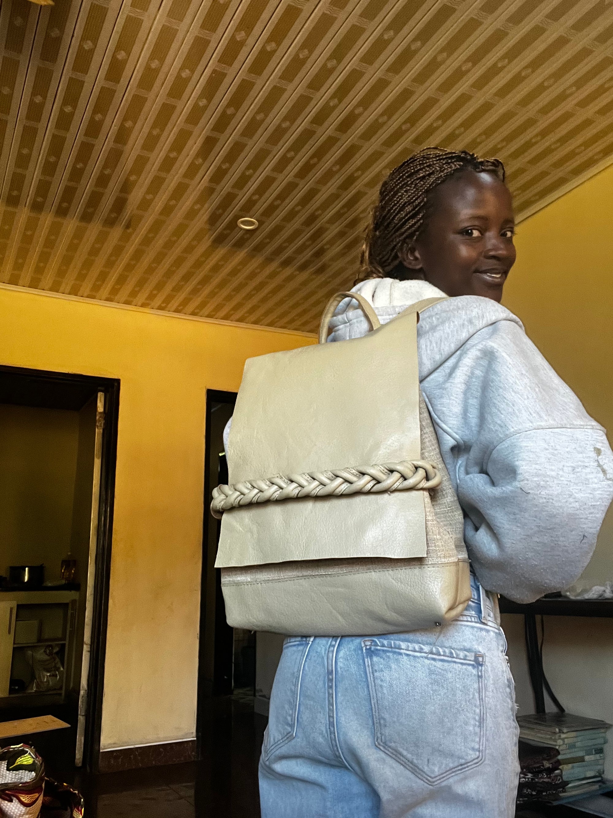 Onele Leather Backpack in Beige