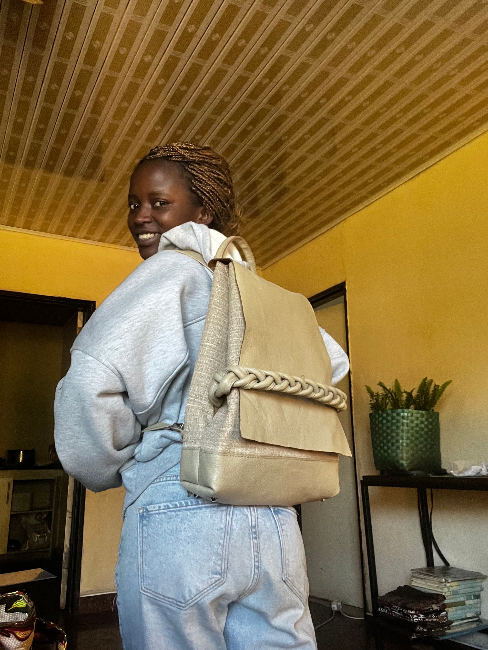 Onele Leather Backpack in Beige