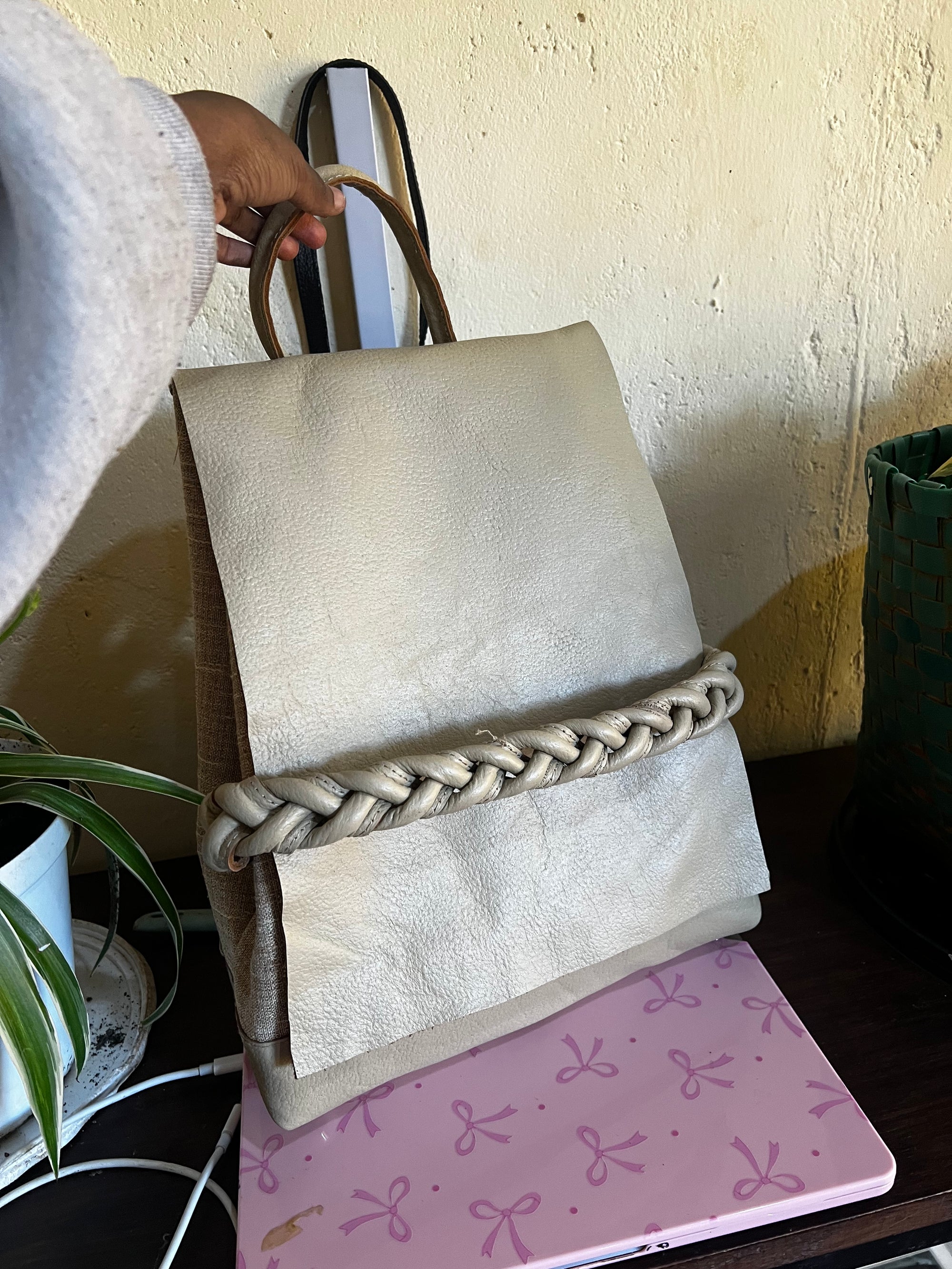 Onele Leather Backpack in Beige