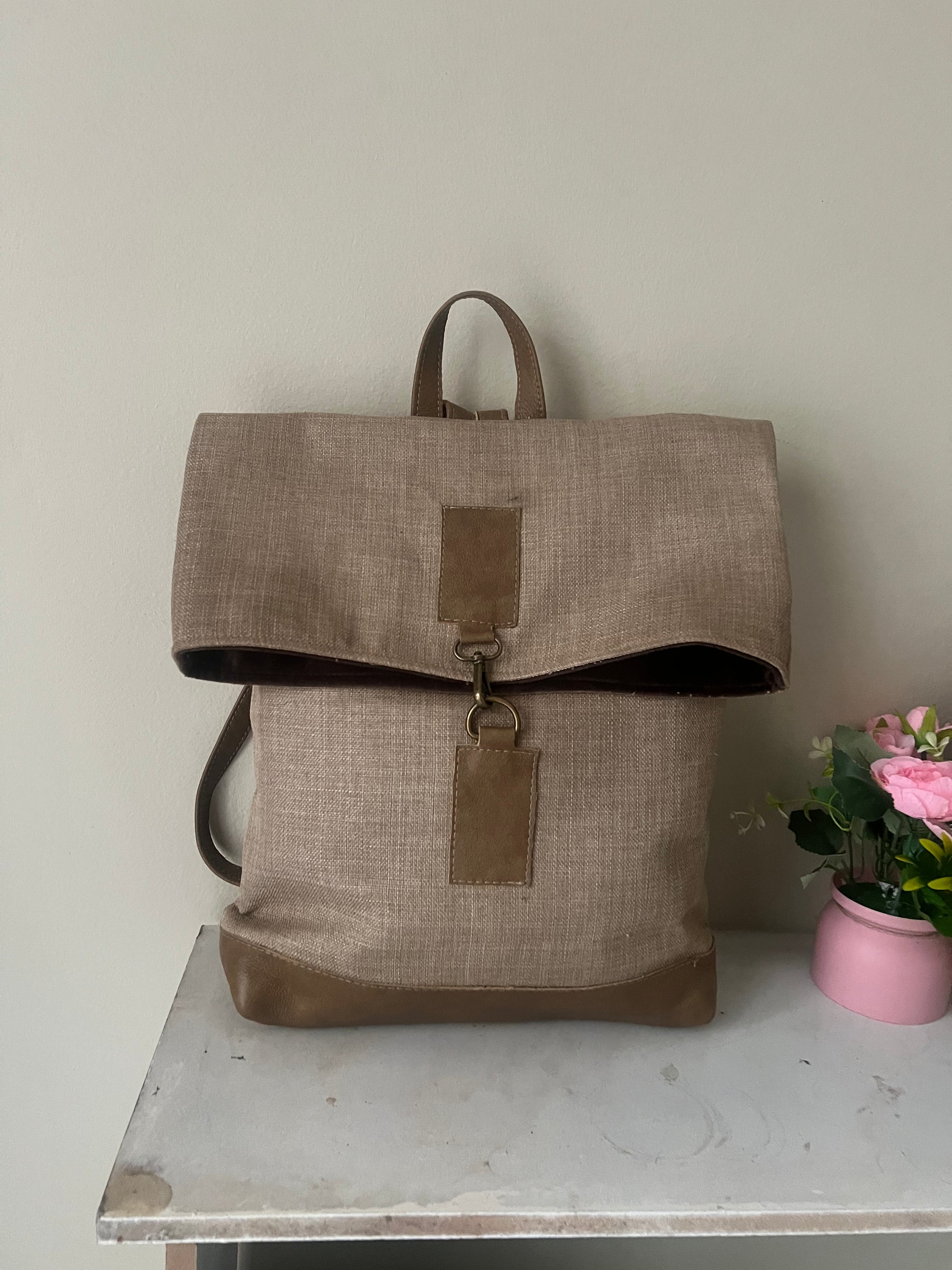Jabu Jute & Leather Backpack in Beige