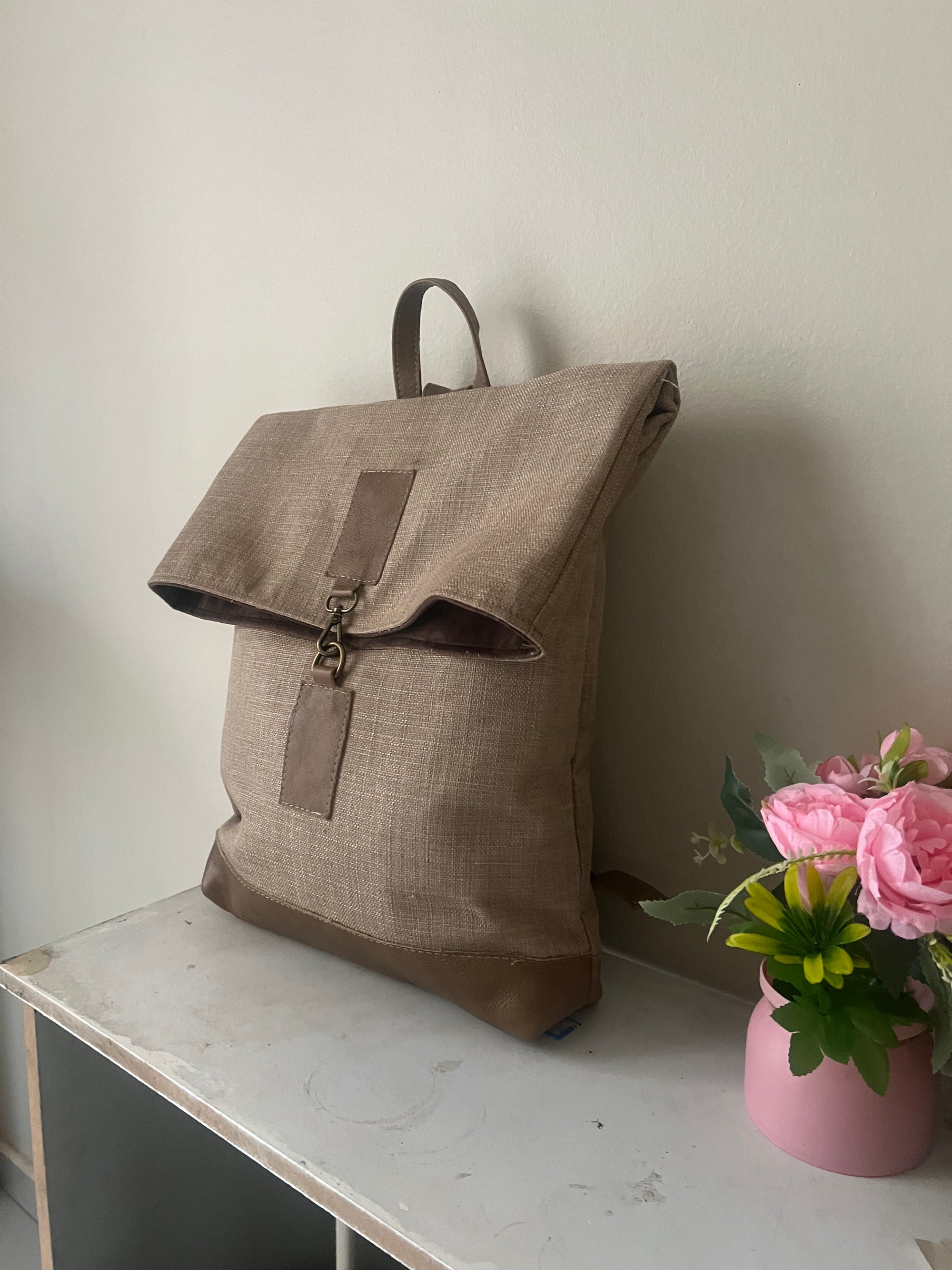Jabu Jute & Leather Backpack in Beige