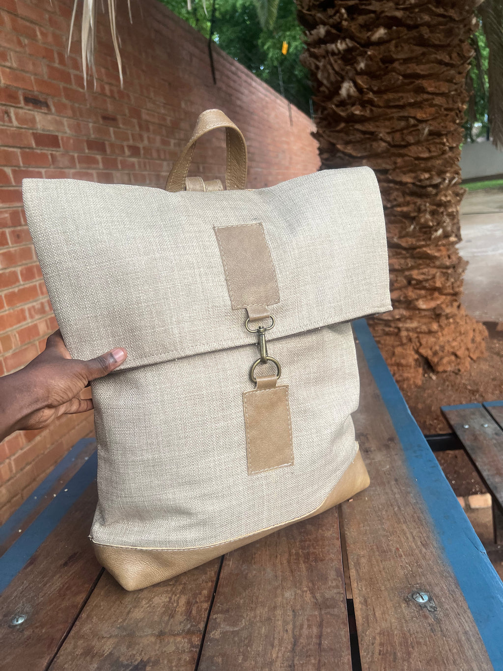 Jabu Jute & Leather Backpack in Beige