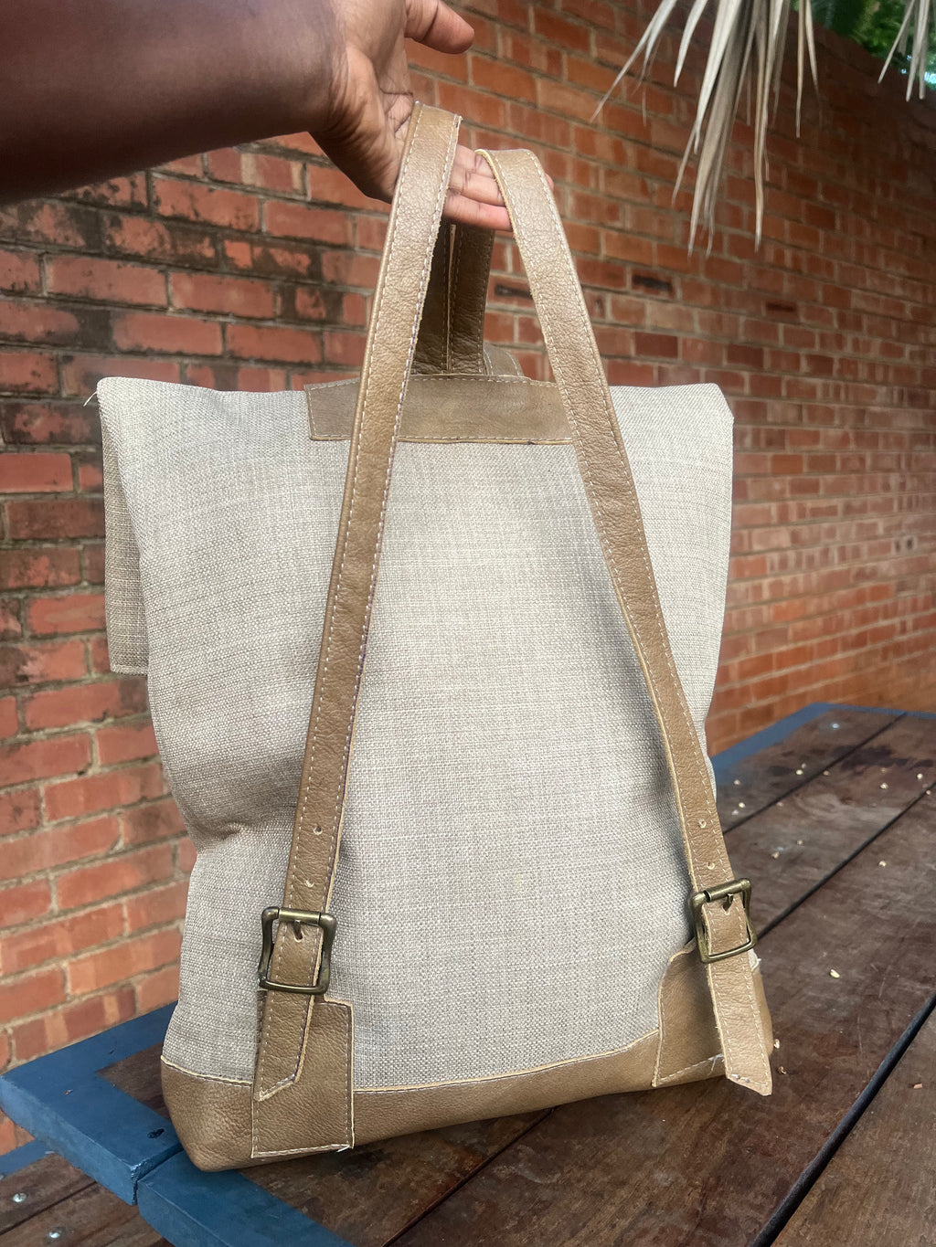 Jabu Jute & Leather Backpack in Beige