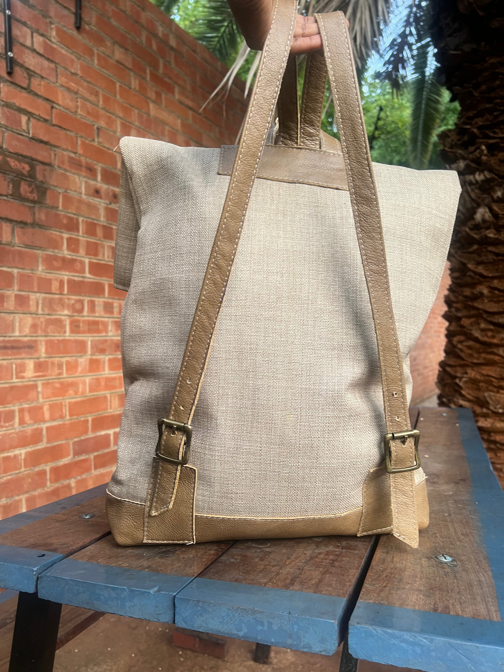 Jabu Jute & Leather Backpack in Beige