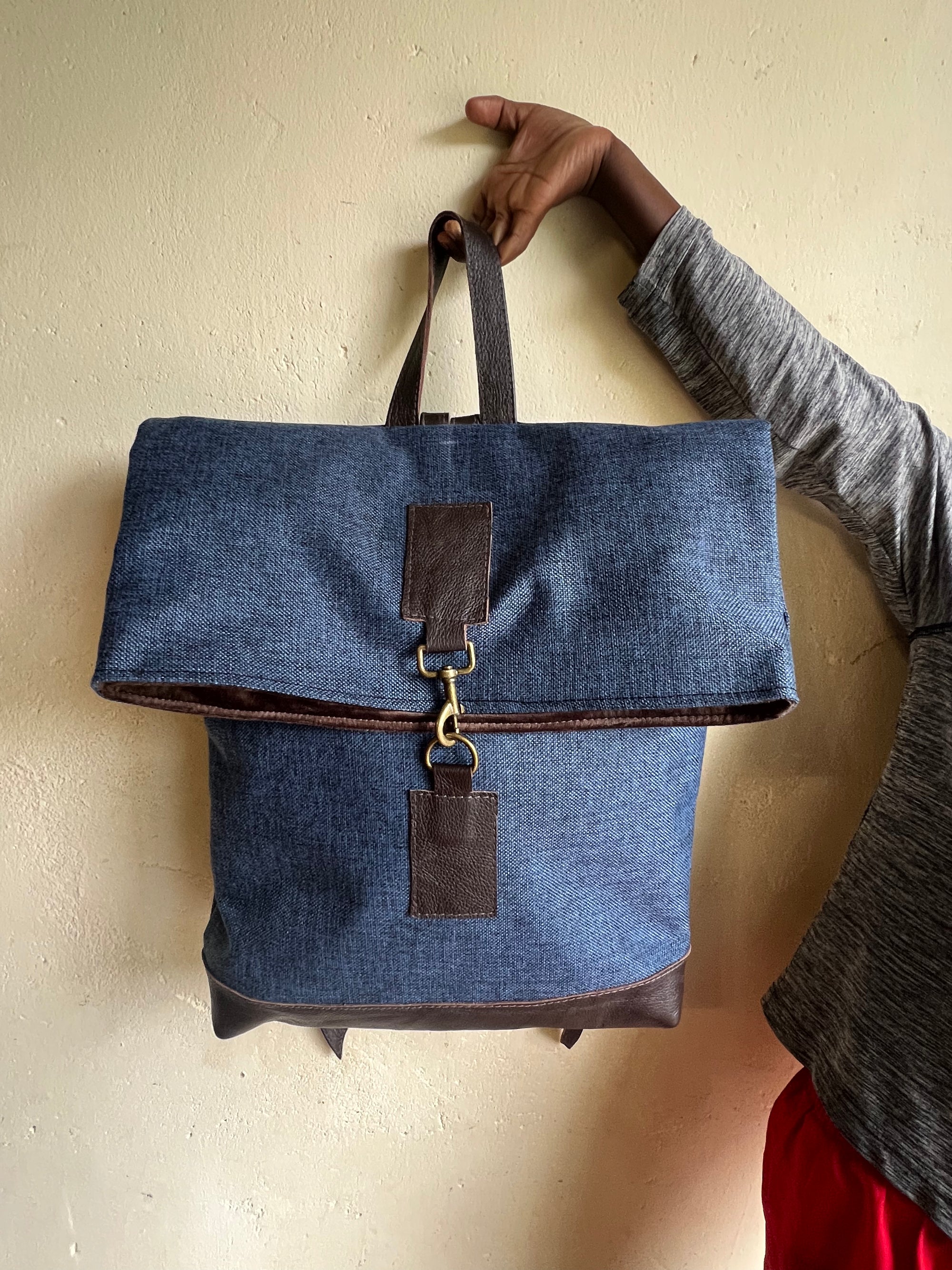 Jabu Jute & Leather Backpack in Navy
