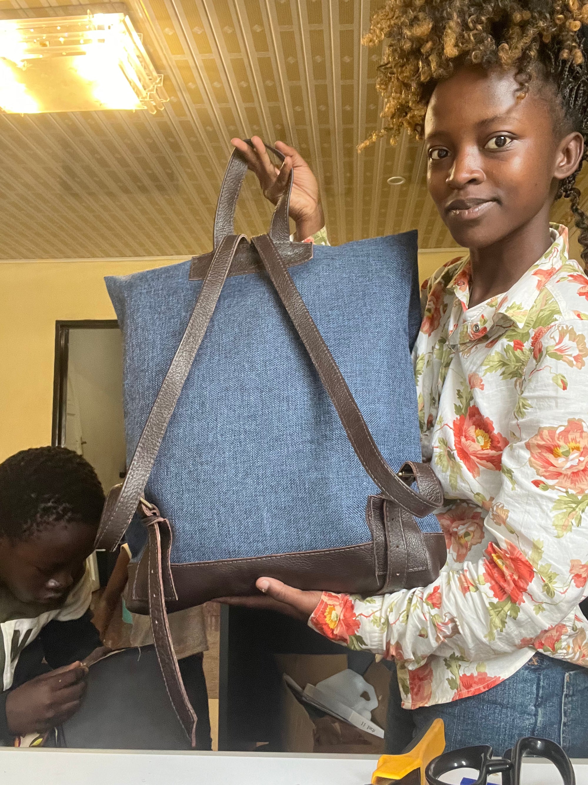 Jabu Jute & Leather Backpack in Navy