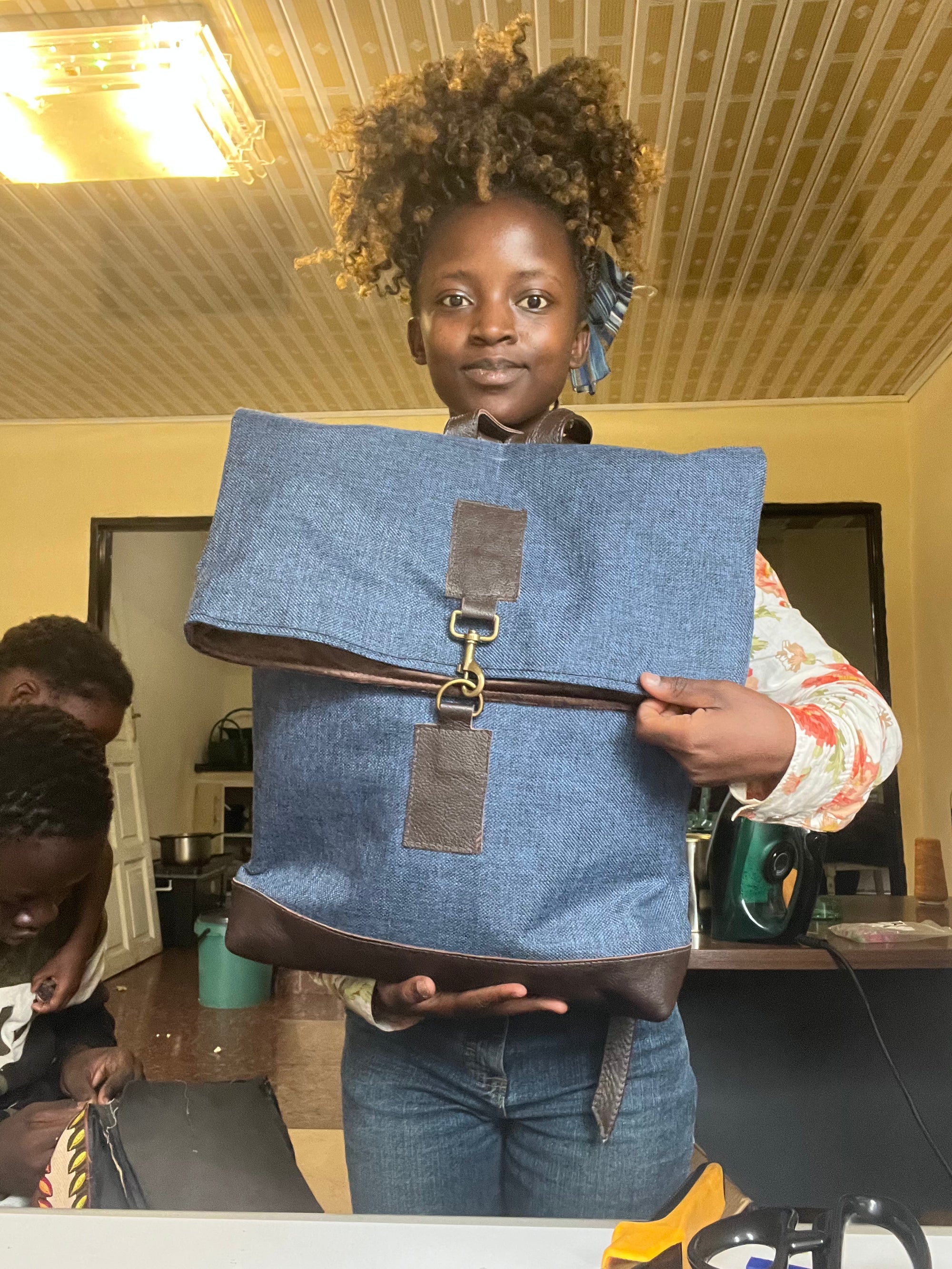 Jabu Jute & Leather Backpack in Navy