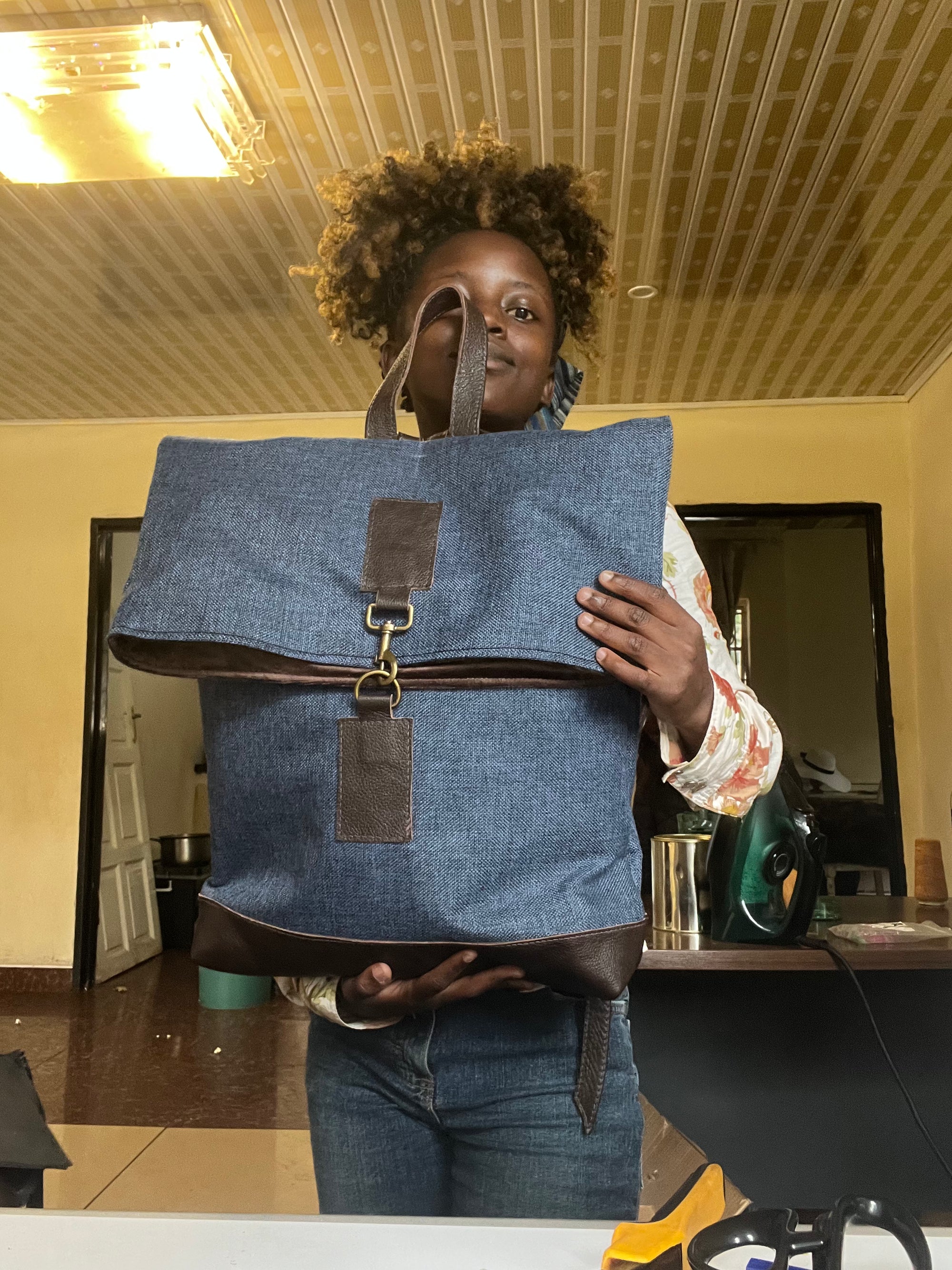 Jabu Jute & Leather Backpack in Navy