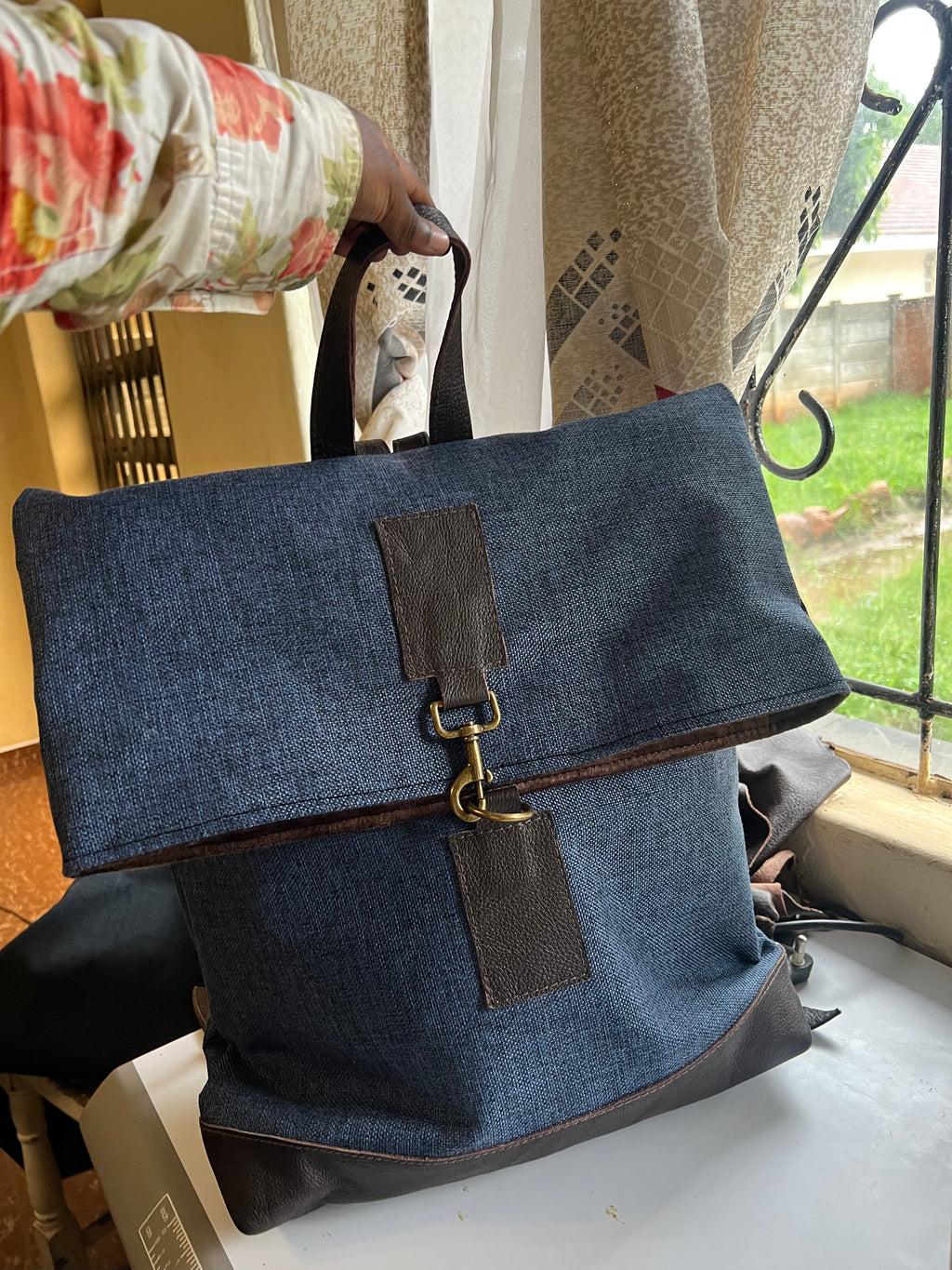 Jabu Jute & Leather Backpack in Navy
