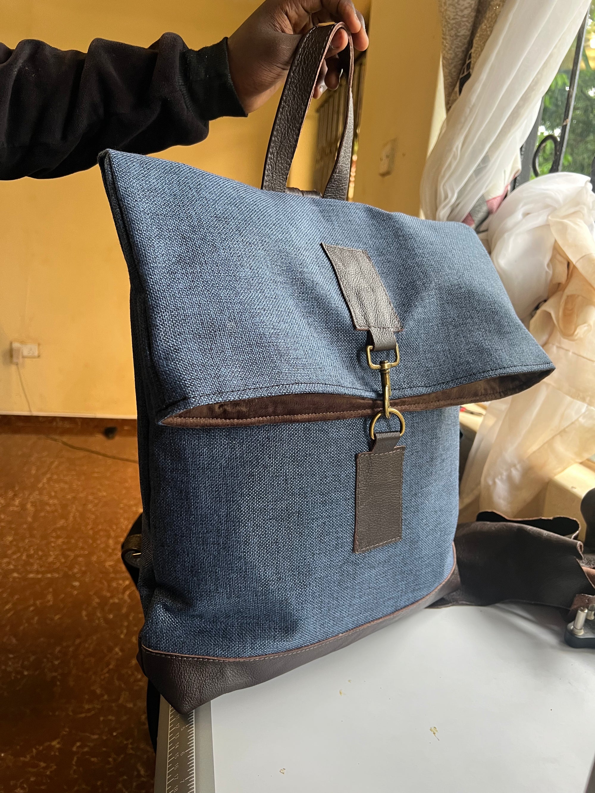 Jabu Jute & Leather Backpack in Navy